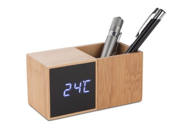 Bamboo desk clock with organiser