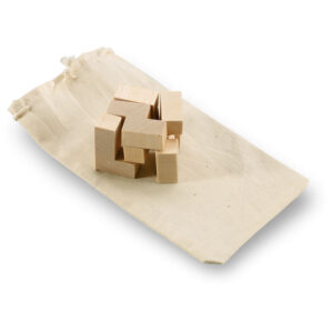 Wooden cube puzzle in cotton pouch – Brown