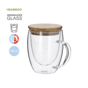Krūze no borosilikāta stikla ar bambusa vāciņu – 300 ml