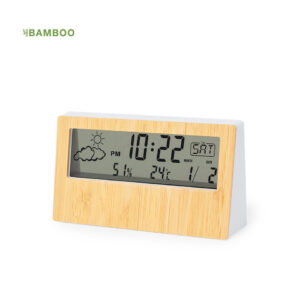 Weather station with bamboo panel, calendar and alarm clock