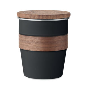 Steel cup with walnut wood handle – 350 ml – Black
