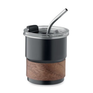 Steel cup with acacia handle and straw – 260 ml – Black