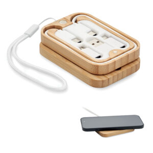 Wireless charger with cable set in bamboo box – Brown