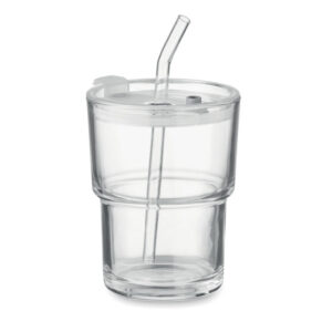 Stikla glāze ar stikla salmiņu – 400 ml – Balta