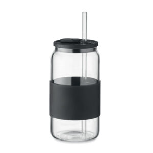 Borosilikāta stikla glāze ar silikona vāku – 550 ml – Melna