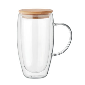 Stikla krūze ar dubultām sieniņām un bambusa vāku – 450 ml – Balta