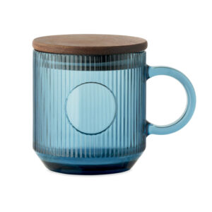 Ribbed glass mug with acacia lid – 300 ml – Blue