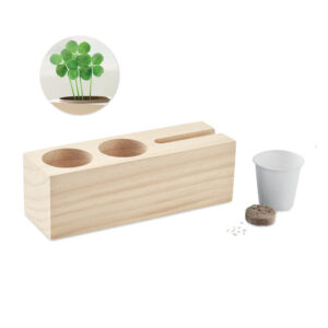 Wooden table stand with clover seeds – Brown
