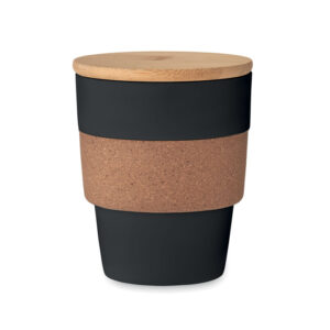 PP glass with cork sleeve and bamboo lid – 300 ml – Black