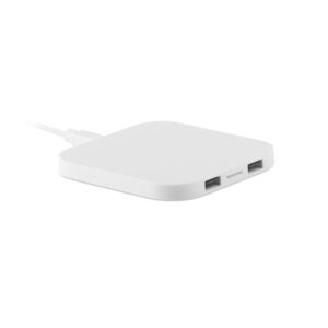 Bezvadu uzlādes paliktnis ar USB centrmezglu, 15 W – Balta