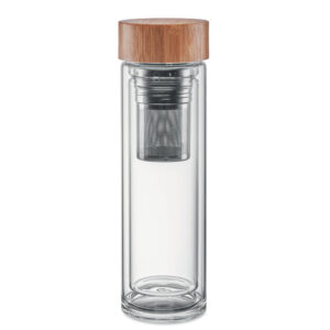 Stikla termopudele ar bambusa vāciņu un tējas sietu – 420 ml – Balta