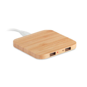 Bamboo wireless charging pad with USB hub, 5 W – Brown
