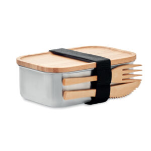Steel lunch box with bamboo lid and accessories - 600 ml – Brown