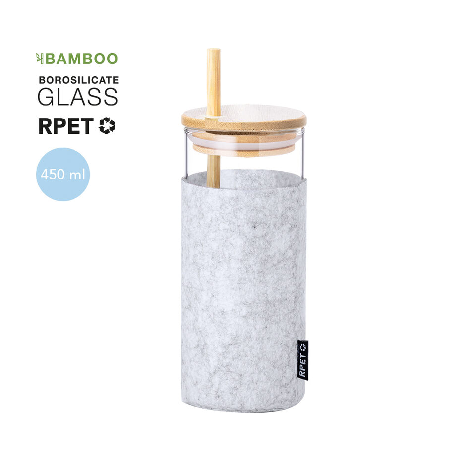 Glass mug with RPET felt sleeve and bamboo straw – 450 ml with personalisation