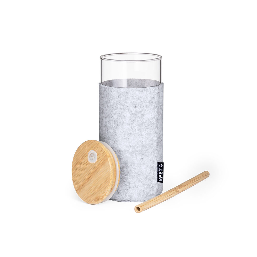 Glass mug with RPET felt sleeve and bamboo straw – 450 ml with personalisation