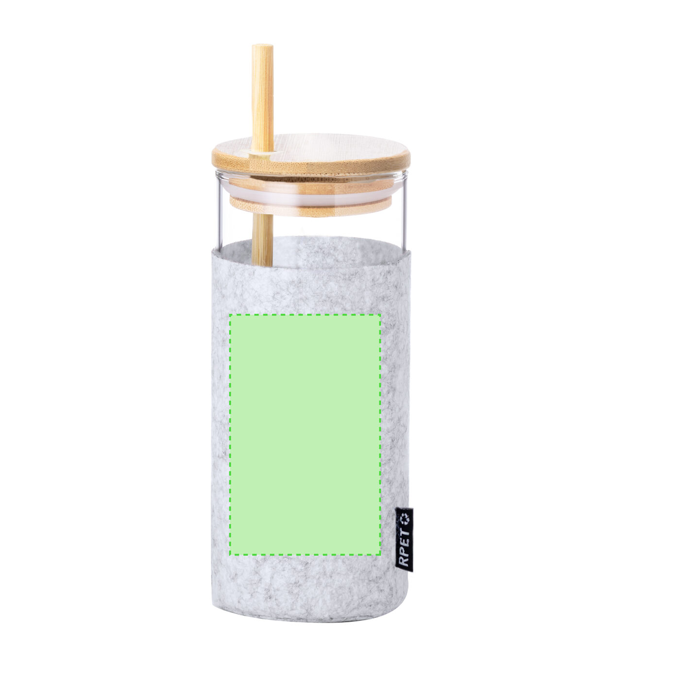 Glass mug with RPET felt sleeve and bamboo straw – 450 ml with personalisation