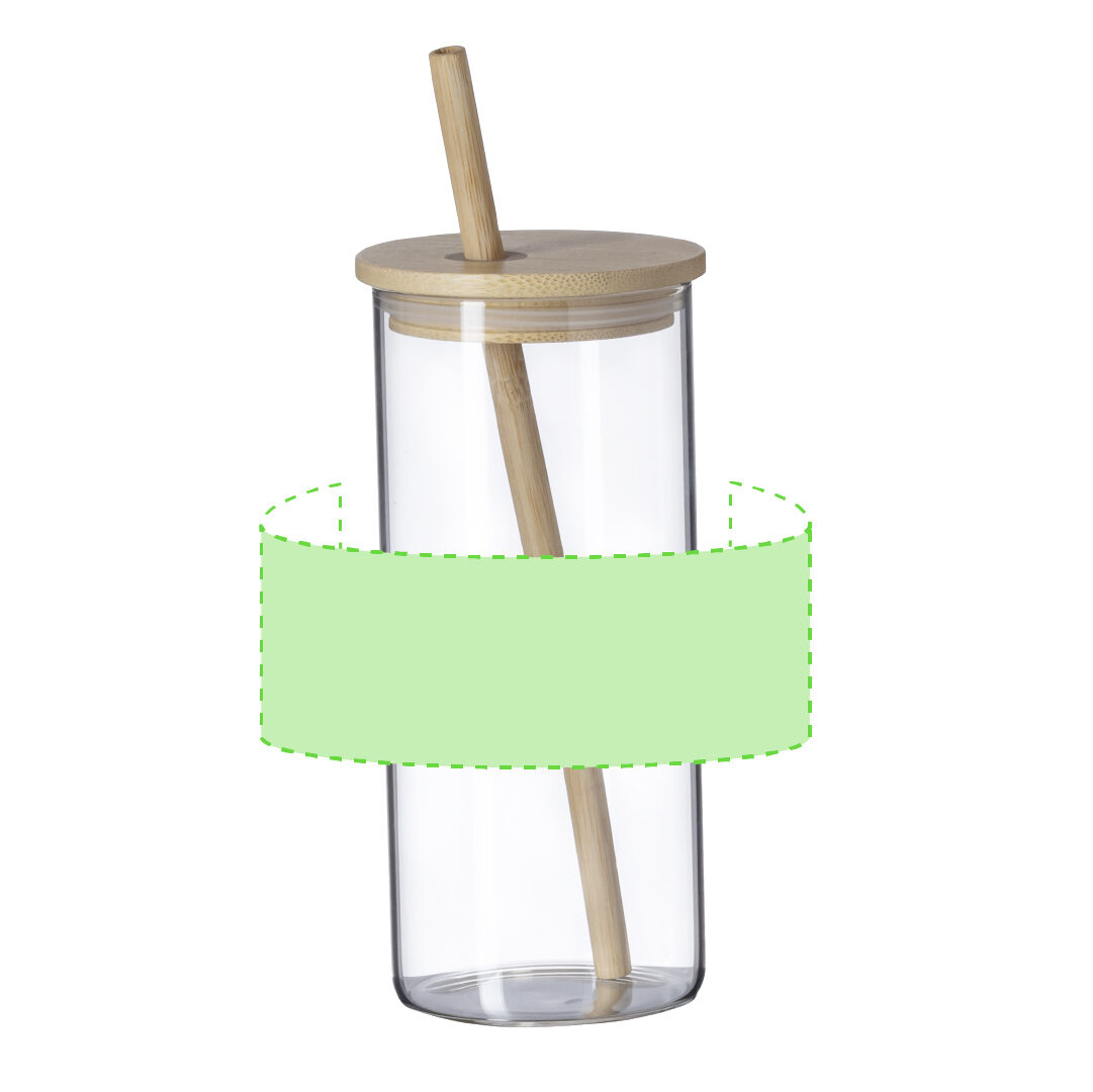 Glass mug with RPET felt sleeve and bamboo straw – 450 ml with personalisation