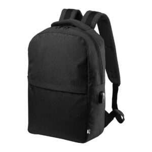 600D RPET poliestera mugursoma datoram 15" un planšetei 10" ar USB pieslēgumu – Melna