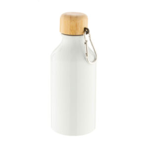 Alumīnija pudele ar bambusa vāciņu un karabīni, 400 ml – Balta