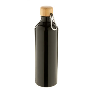 Alumīnija pudele ar bambusa vāciņu un karabīni, 800 ml – Melna