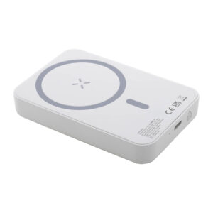Power bank made from recycled ABS plastic with magnetic 5 W wireless charger, 5000 mAh – White