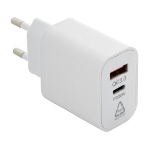 Ātrās uzlādes tīkla lādētājs no pārstrādātas ABS plastmasas, USB-A un USB-C, PD 20 W – Balta