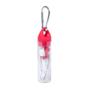 Austiņas ar 3,5 mm spraudni plastmasas futrālī ar karabīni – Sarkana / balta
