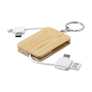 Bambusa atslēgu piekariņš ar USB uzlādes kabeli 3 in 1 un USB-C ieeju – Balta / dabīga