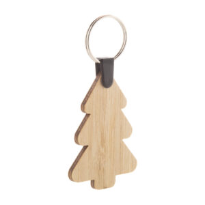 Bamboo plywood Christmas keyring with metal ring – Natural, Christmas tree