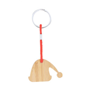 Bamboo plywood Christmas keyring with red string – Natural / red, Santa hat