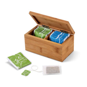 Bamboo tea box with 2 compartments and tea – 20 bags – Beige