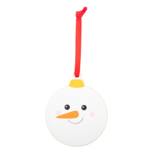 Birch plywood Christmas tree ornament with printed Christmas design and red ribbon – White, snowman