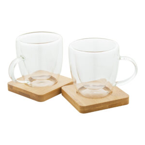 Borosilikāta stikla espresso krūzīšu komplekts ar bambusa apakštasītēm, 2 gab., 90 ml – Caurspīdīga / dabīga