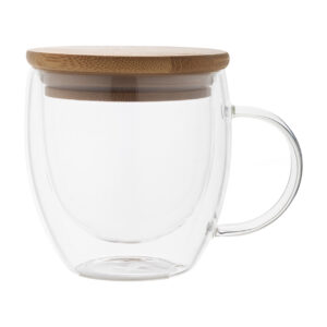 Borosilikāta stikla termokrūze ar rokturi un bambusa vāciņu, 250 ml – Caurspīdīga / dabīga