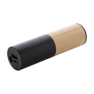 Cylindrical recycled aluminium and bamboo power bank, 2600 mAh – Black