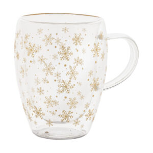 Double-walled glass thermal mug with snowflakes, 350 ml – Transparent