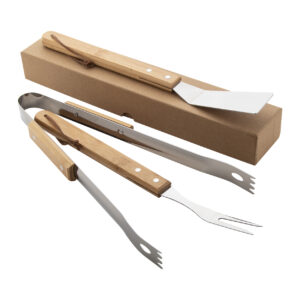 Barbecue set with bamboo handles in kraft paper box – 3 pieces – Natural