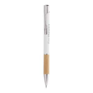 Gumijota alumīnija lodīšu pildspalva ar bambusa satvērienu, ø9×142 mm – Balta