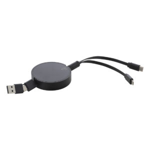 Retractable 3 in 1 USB charging cable made from recycled aluminium – Black