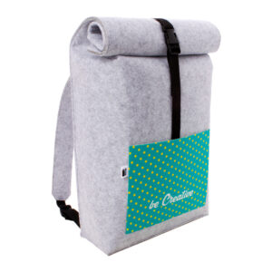 Individually printed RPET felt backpack with roll-top closure and sublimation printing – White / grey