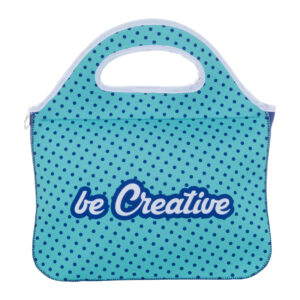 Individually printed RPET neoprene lunch bag with zip and handles – White