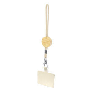 Cotton wrist strap for phone with round bamboo tag – Natural