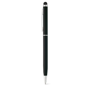 Compact aluminium twist-action pen with touchscreen stylus and blue ink – Black