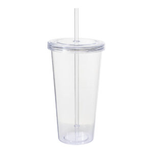 Coloured transparent plastic cup with straw, 750 ml – Transparent