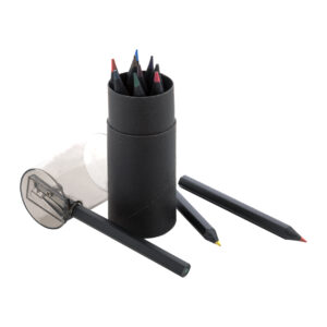 Black wooden coloured pencil set in a round cardboard case with sharpener, 12 pcs. – Black
