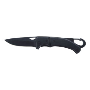 Black stainless steel pocket knife with aluminium handle, carabiner and safety lock – Black