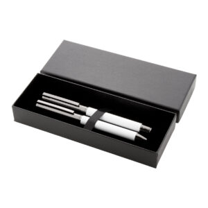 Metāla lodīšu un rollera pildspalvu komplekts melnā papīra dāvanu kastītē, 176×65 mm – Balta