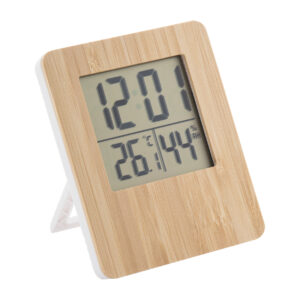 Weather station and digital clock with bamboo front panel, 99×120 mm – Natural