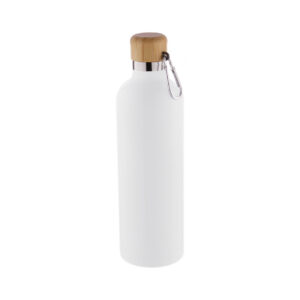 Nerūsējošā tērauda termopudele ar bambusa vāciņu un karabīni, 500 ml – Balta