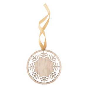 Oak veneer Christmas tree ornament with gold ribbon – Natural / gold, snowflake